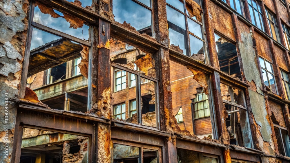 Close-up of rusted metal beams and shattered windows in an abandoned building. Generative AI Close-up of rusted metal beams and shattered windows in an abandoned building. Generative AI