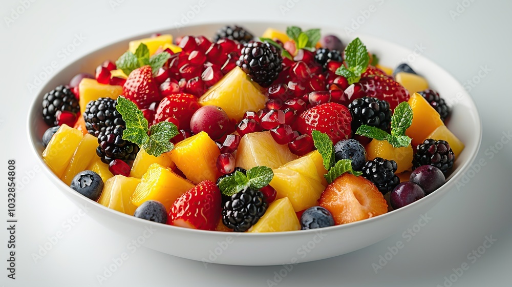 A white bowl filled with a colorful fruit salad. The salad includes pineapple, strawberries, blackberries, blueberries, pomegranate seeds, and mint leaves. A white bowl filled with a colorful fruit salad. The salad includes pineapple, strawberries, blackberries, blueberries, pomegranate seeds, and mint leaves.