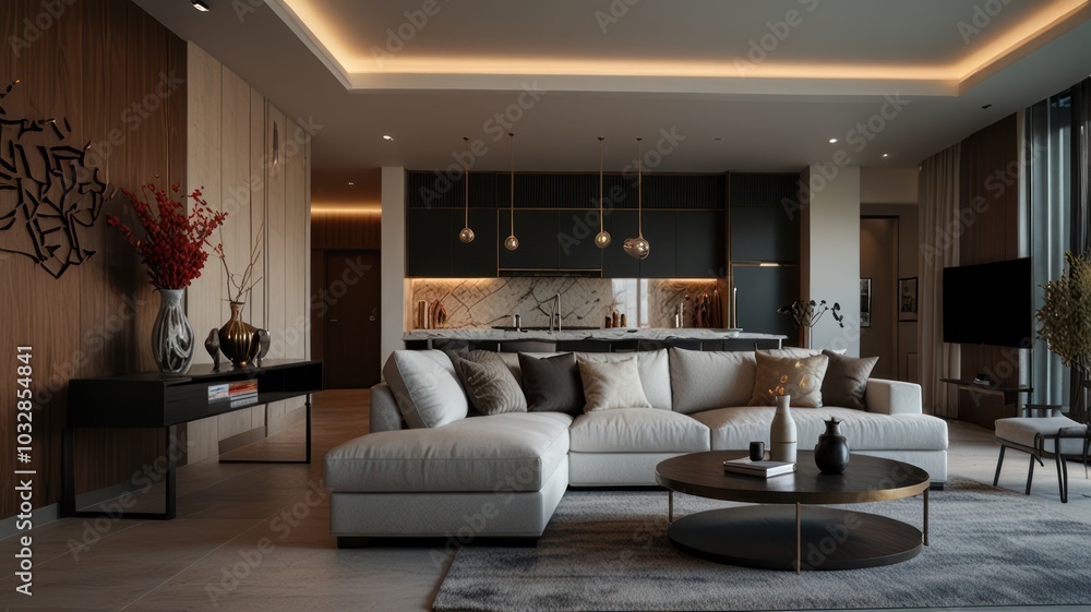 Modern living room with a white sectional sofa, a coffee table, a rug, and a kitchen in the background. Modern living room with a white sectional sofa, a coffee table, a rug, and a kitchen in the background.