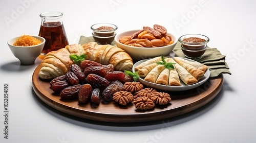 A wooden platter filled with a variety of Middle Eastern treats, including dates, pastries, nuts, and spices.