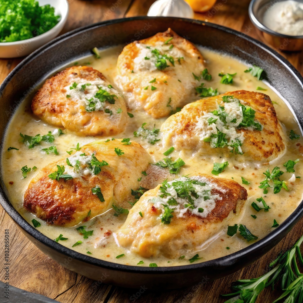 Creamy garlic prz served in a rustic bowl with herbs and chicken thighs. Generative AI Creamy garlic prz served in a rustic bowl with herbs and chicken thighs. Generative AI