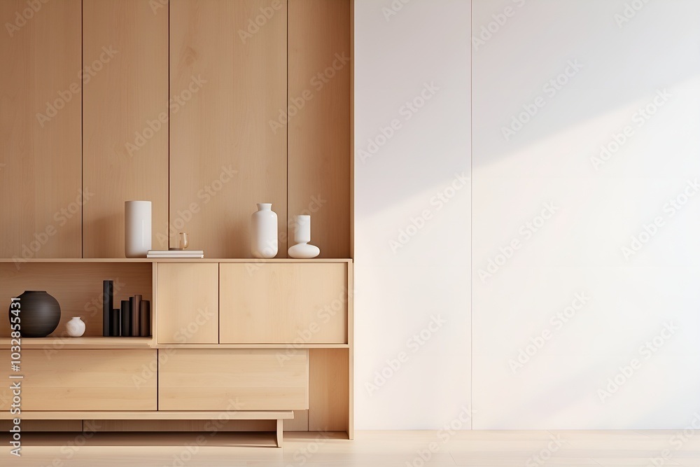 Fototapeta premium Empty living room showcasing a wooden wall and cabinet, complemented by a decorative drawer and mockup wall. 
