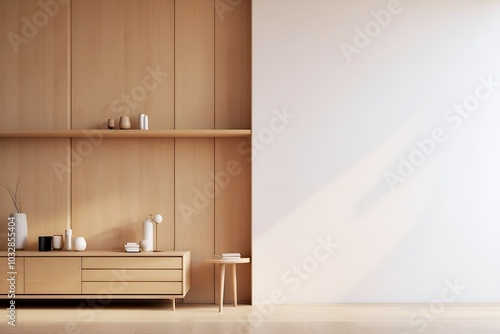 Minimalist interior with a wooden wall and cabinet, highlighting a decorative drawer in an empty living room.