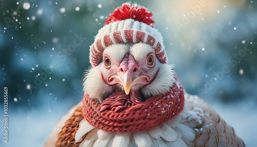 A cute turkey with a knitted hat and scarf enjoys a snowy winter landscape and exudes Christmas joy.