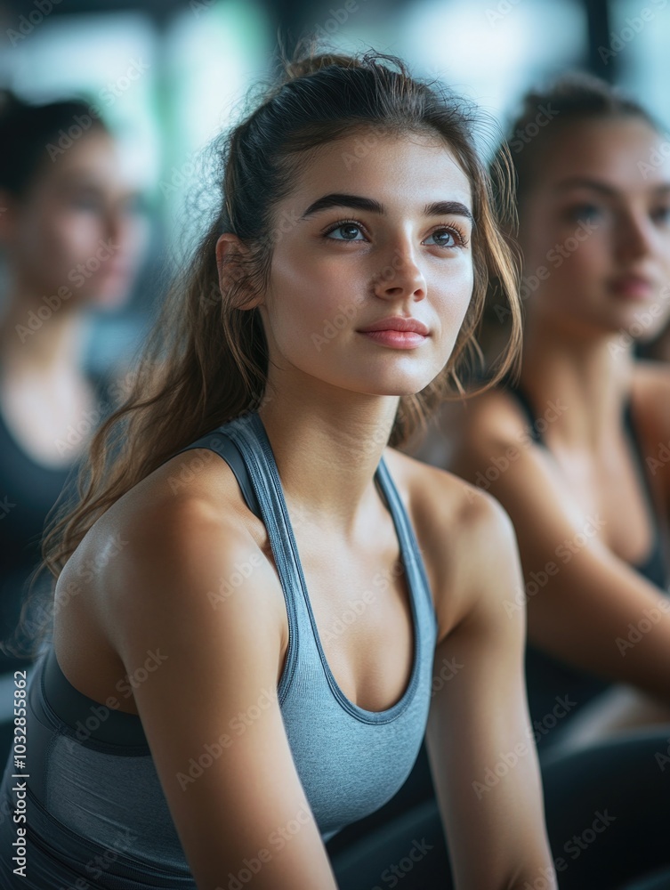 Young Woman in Gym, Focused Expression Young Woman in Gym, Focused Expression