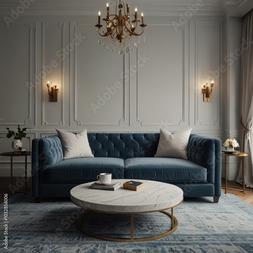 A luxurious living room with a blue velvet sofa, a marble coffee table, and a crystal chandelier. photo