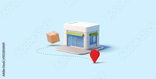 Modern store building, location icon, box. Banner for logistics concepts, and fast delivery of goods and products. Retail concept. Vector