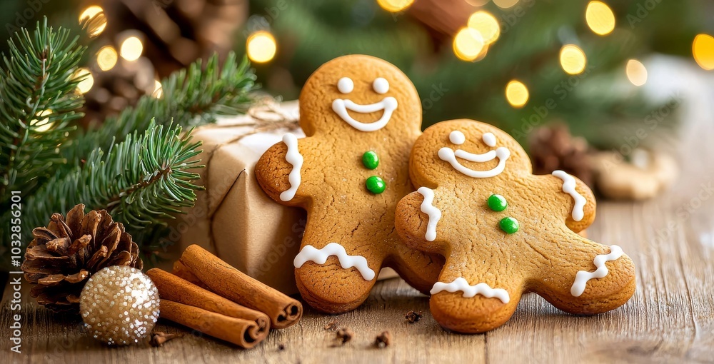 A gingerbread man and a gingerbread cookie float in bokeh on a Christmas banner. A gingerbread man and a gingerbread cookie float in bokeh on a Christmas banner.