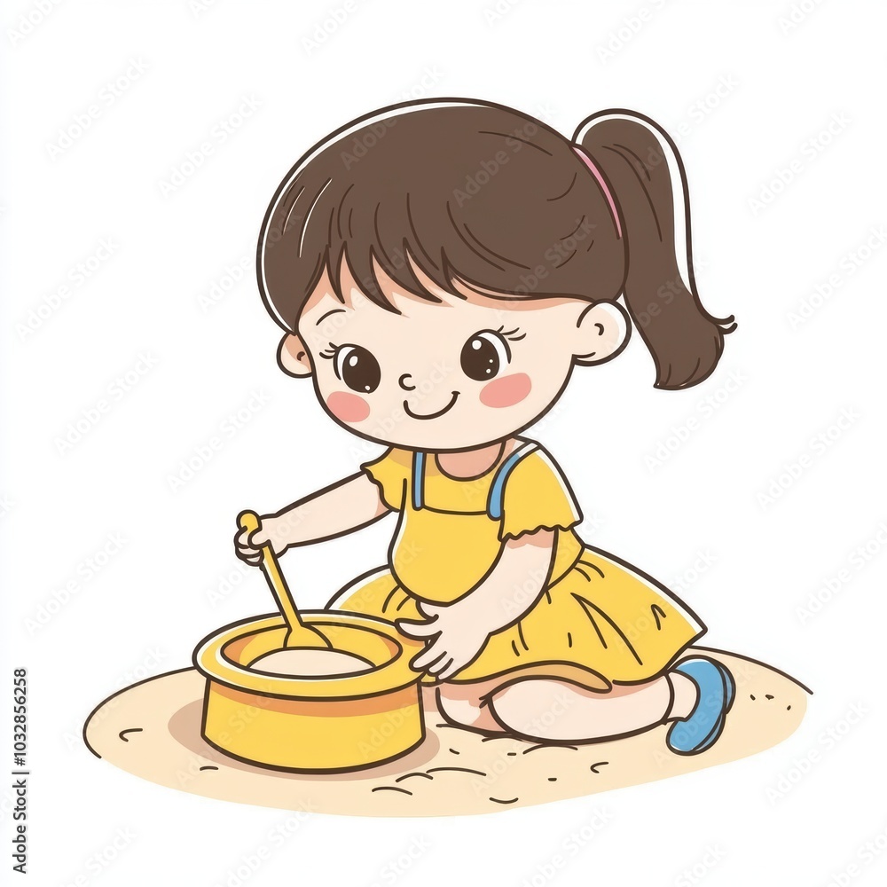Cute Cartoon Girl Playing with Sand in Illustration Cute Cartoon Girl Playing with Sand in Illustration