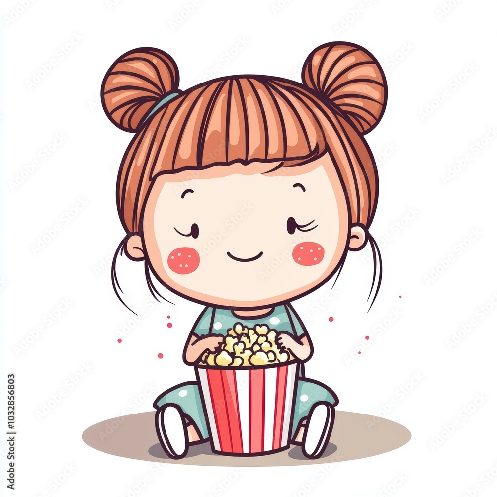 Cute Cartoon Girl Enjoying Popcorn Illustration Cute Cartoon Girl Enjoying Popcorn Illustration