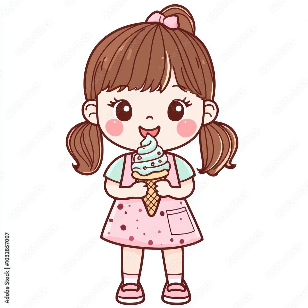 Cute Cartoon Girl with Ice Cream Cone Illustration Cute Cartoon Girl with Ice Cream Cone Illustration