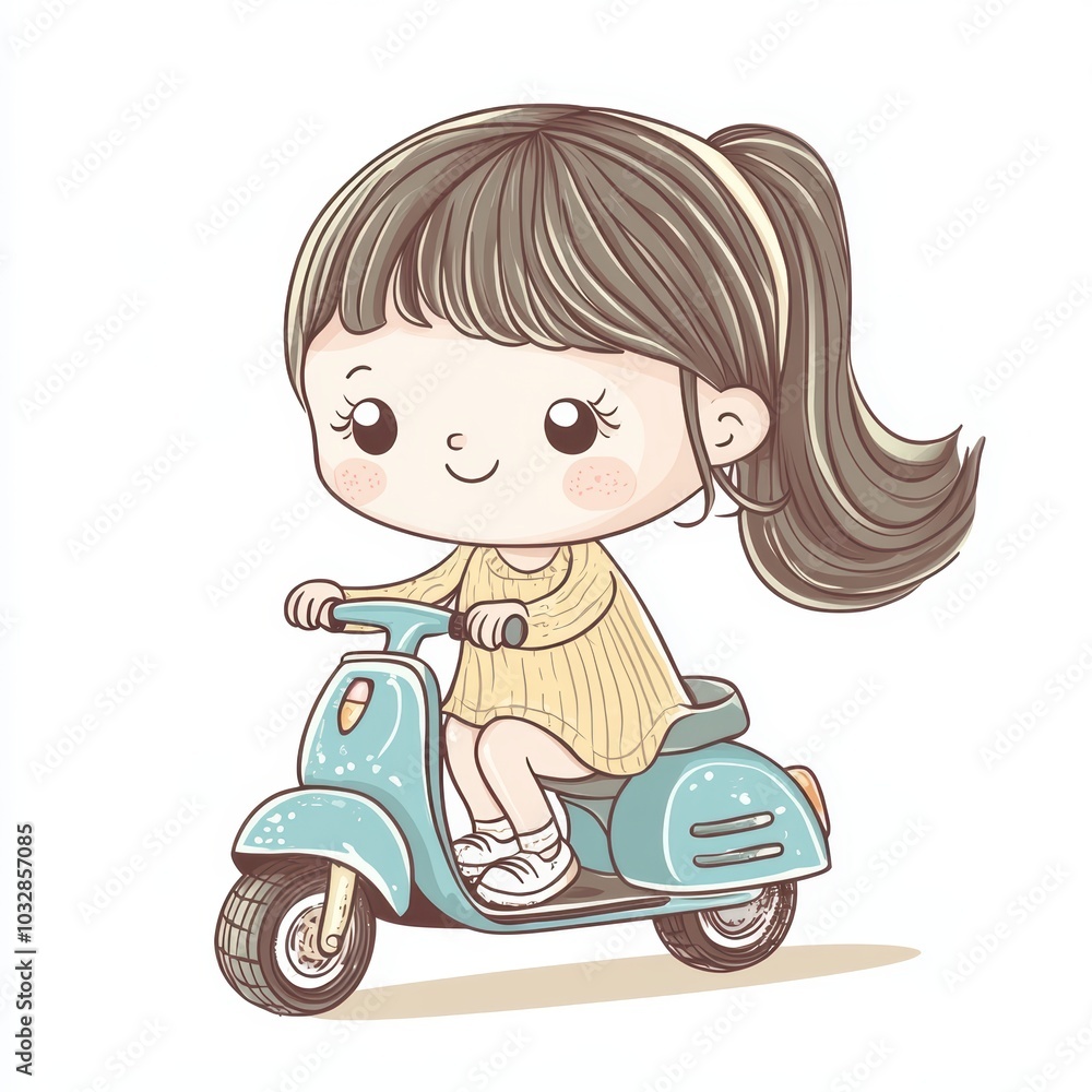 Cute Cartoon Girl Riding a Scooter Illustration