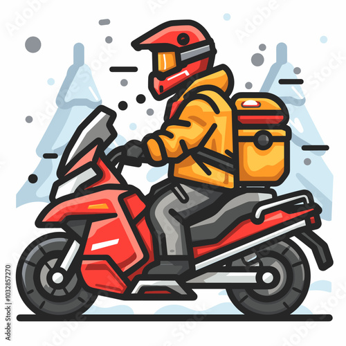 Vector illustration of a motorcyclist in helmet riding a snowmobile.