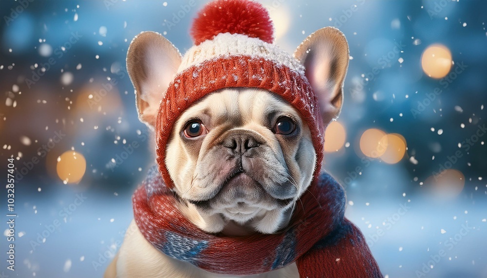 Fototapeta premium A cute French bulldog with a knitted hat and scarf enjoys a snowy winter landscape and exudes Christmas joy.