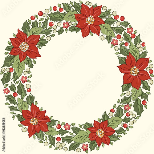 Nostalgic poinsettia and holly wreath vector illustration. Lush Floral Christmas Frame. Festive Victorian evergreen design with hand-drawn vintage winter holiday foliage and berries