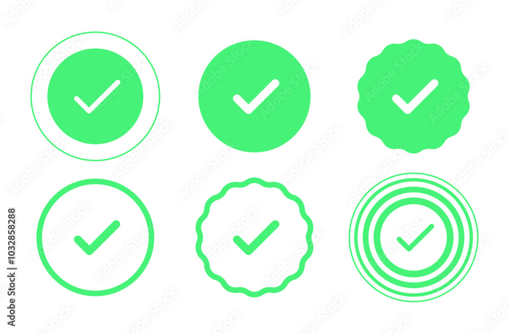 Verified badge icon tick symbol vector approved check mark icon. Blue green checkmark icons - Certificate badge Quality certify icon Verified badge icon tick symbol vector approved check mark icon. Blue green checkmark icons - Certificate badge Quality certify icon