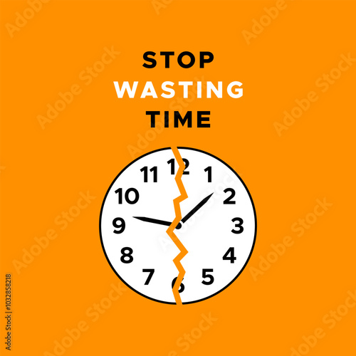 Stop wasting time text with cracked damage clock time saving concept vector illustration  
