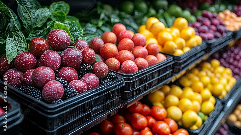 Fresh produce on shelves at a grocery store. Fresh produce on shelves at a grocery store.