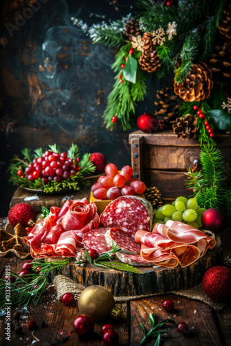 Sliced salami, ham, cheese and grapes on rustic wooden with Christmas decoration