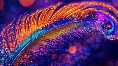 A close-up of a peacock feather with water droplets reflecting light, creating vibrant colors against a blurred background