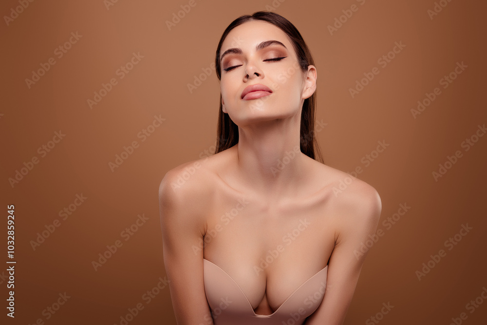 Obraz premium Photo of brunette hair girl close eyes enjoying feel tenderness wear brassiere isolated pastel color background
