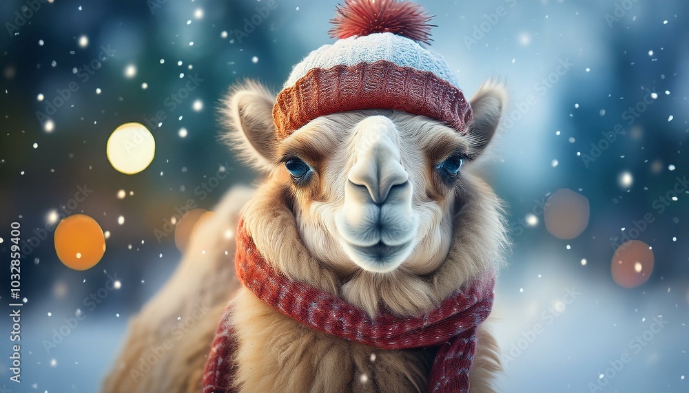 A cute camel with a knitted hat and scarf enjoys a snowy winter landscape and exudes Christmas joy. A cute camel with a knitted hat and scarf enjoys a snowy winter landscape and exudes Christmas joy.