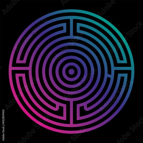 Intricate labyrinth design with vibrant colors in a circular pattern on a dark background