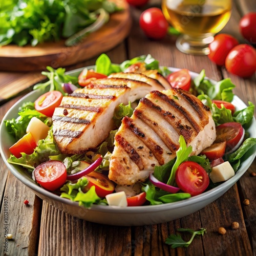 Grilled chicken salad with fresh vegetables on a rustic wooden table setting. Generative AI