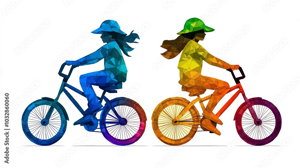 Fototapeta premium Two girls riding bicycles in colorful abstract style.