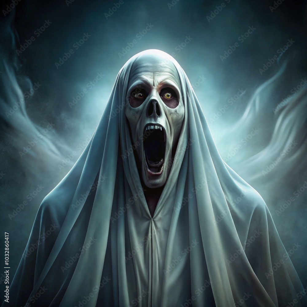 Ghostly figure with an open mouth haunting a dark space at night. Generative AI Ghostly figure with an open mouth haunting a dark space at night. Generative AI