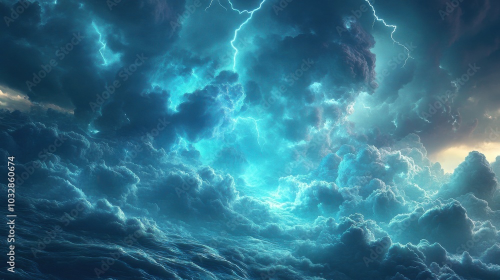 Blue smoke clouds fill the bottom of the scene, pierced by the bright flashes of lightning. Below, a glowing mist of turquoise energy swirls, carrying the storm Blue smoke clouds fill the bottom of the scene, pierced by the bright flashes of lightning. Below, a glowing mist of turquoise energy swirls, carrying the storm