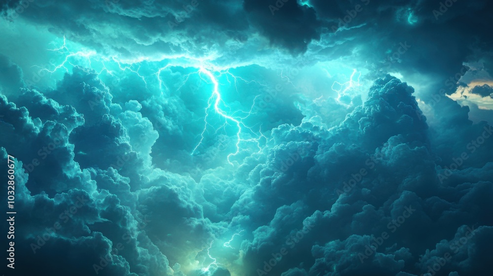 Fototapeta premium Beneath the thunderous blue clouds, brilliant bolts of lightning slash through the sky. A glowing turquoise mist rises from below, swirling with electric energy
