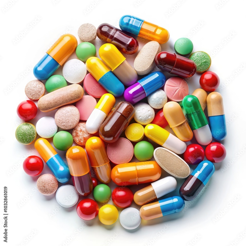 Assorted medicine pills and tablets laid out on a standard white background. Generative AI Assorted medicine pills and tablets laid out on a standard white background. Generative AI