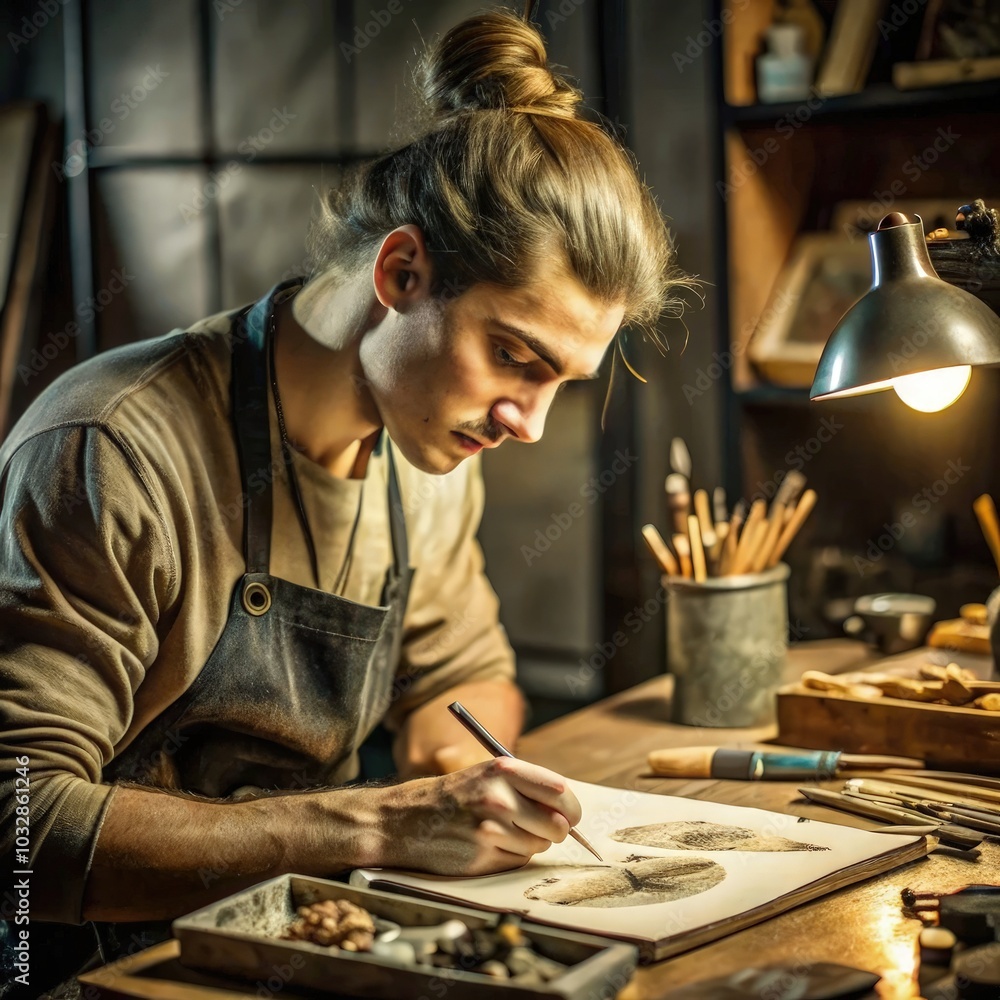 Young artist sketching detailed illustrations in a cozy studio during evening hours. Generative AI Young artist sketching detailed illustrations in a cozy studio during evening hours. Generative AI