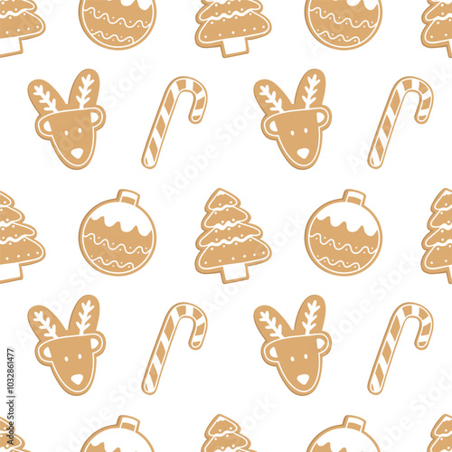 Christmas seamless pattern with Gingerbread cookies.  Winter vector design for wrapping paper, fabric, holiday decorations. Christmas tree, deer, ball, gingerbread man, Candy Cane. Happy new year