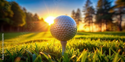 Pristine golf ball on a tee with sunlight filtering through trees at sunset. Generative AI photo