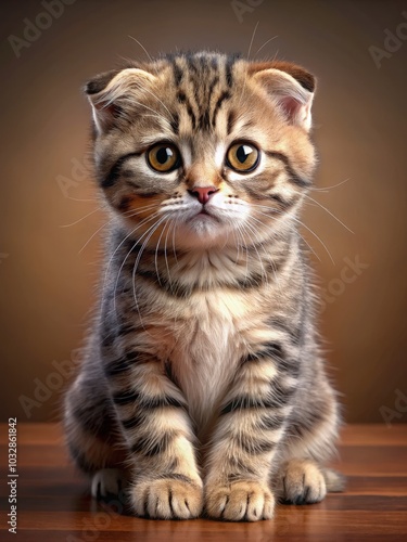 Adorable Scottish Fold kitten with folded ears sitting on a wooden surface. Generative AI