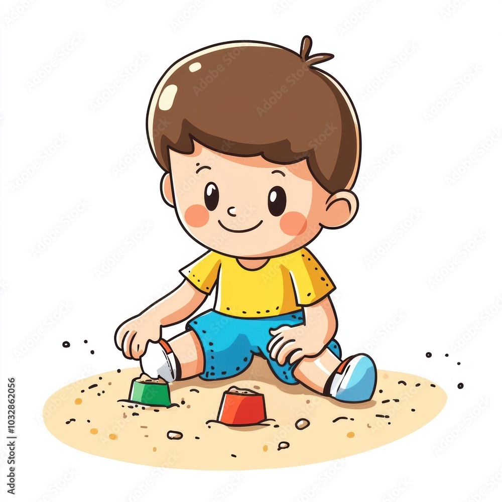 Cute Cartoon Boy Playing in Sand Illustration Cute Cartoon Boy Playing in Sand Illustration