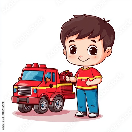 Cute Cartoon Illustration of a Boy with a Fire Truck