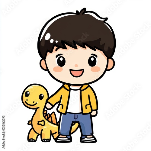 Cute Cartoon Boy with Dinosaur Companion Illustration