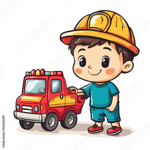 Cute Cartoon Child with Toy Fire Truck
