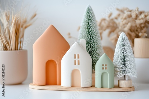 The picture shows a modern Christmas scene with a miniature snowy village on a white table. Merry Christmas! Winter holiday banner, Scandinavian monochromatic decoration.