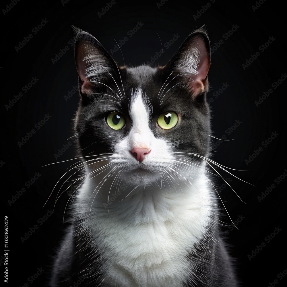 Close-up of a black and white cat with green eyes on a dark background. Generative AI Close-up of a black and white cat with green eyes on a dark background. Generative AI