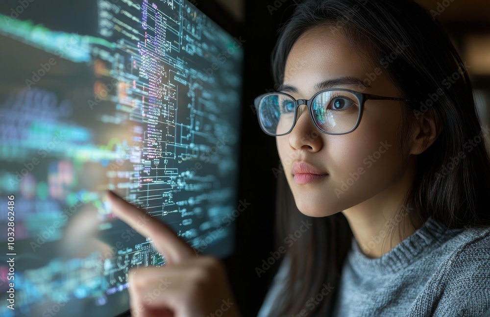 In a living room in a home, a woman is typing on an AI software and biometrics interface while listening to music on a tablet. In a living room in a home, a woman is typing on an AI software and biometrics interface while listening to music on a tablet.