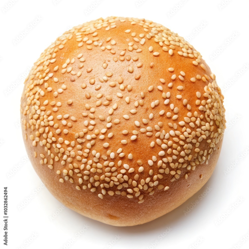 Top view of a sesame seed hamburger bun isolated on white background. Generative AI Top view of a sesame seed hamburger bun isolated on white background. Generative AI