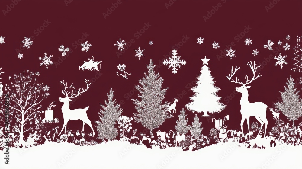 Christmas-Themed Border Design: White Silhouettes on Rich Dark Burgundy Background Featuring Santa Claus, Reindeer, Christmas Trees, and Presents. Christmas-Themed Border Design: White Silhouettes on Rich Dark Burgundy Background Featuring Santa Claus, Reindeer, Christmas Trees, and Presents.