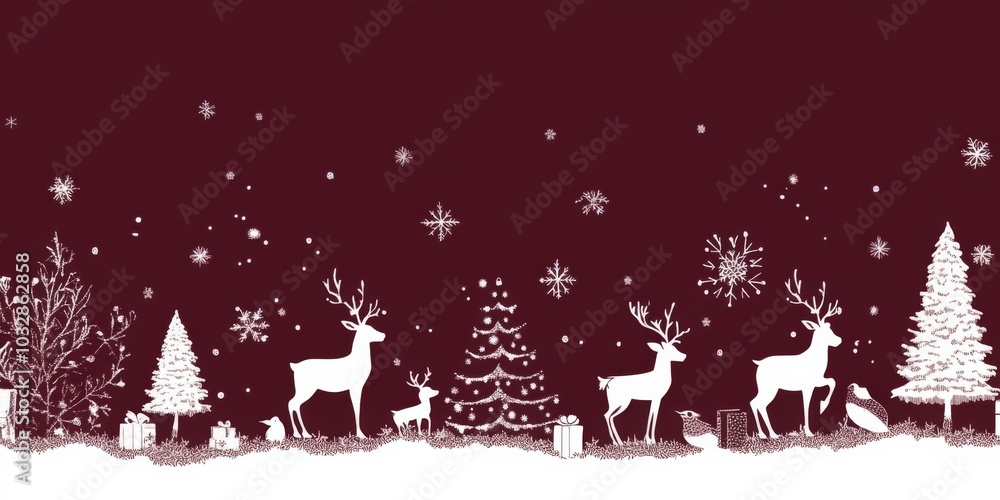 Christmas-Themed Border Design: White Silhouettes on Rich Dark Burgundy Background Featuring Santa Claus, Reindeer, Christmas Trees, and Presents. Christmas-Themed Border Design: White Silhouettes on Rich Dark Burgundy Background Featuring Santa Claus, Reindeer, Christmas Trees, and Presents.