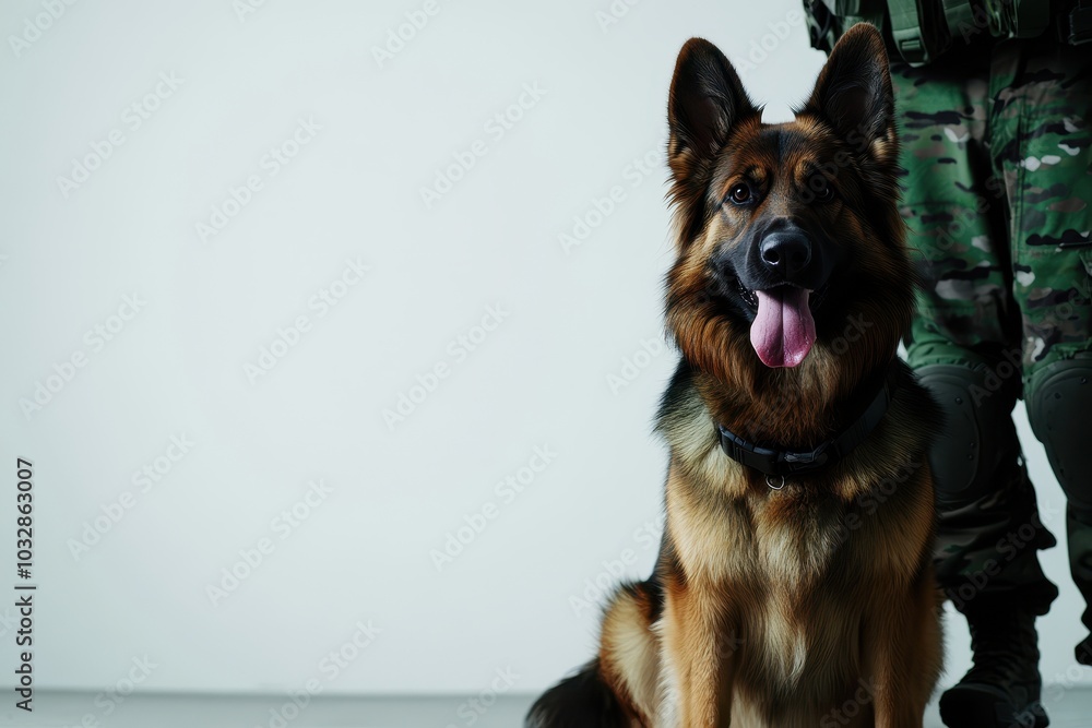 A well-trained German Shepherd k9 dog sits beside a soldier, showcasing loyalty and teamwork in a military setting. A well-trained German Shepherd k9 dog sits beside a soldier, showcasing loyalty and teamwork in a military setting.
