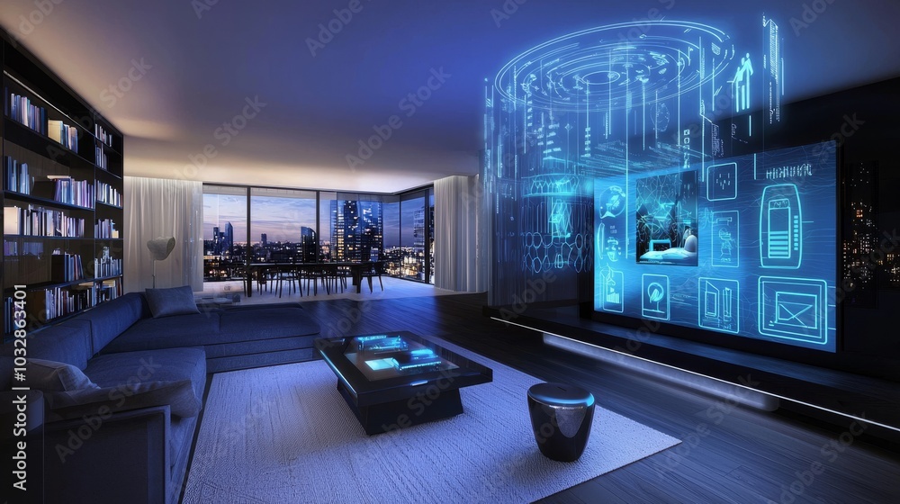 The setup of a modern home equipped with smart home devices such as smart lights, thermostats, and voice control assistants The setup of a modern home equipped with smart home devices such as smart lights, thermostats, and voice control assistants