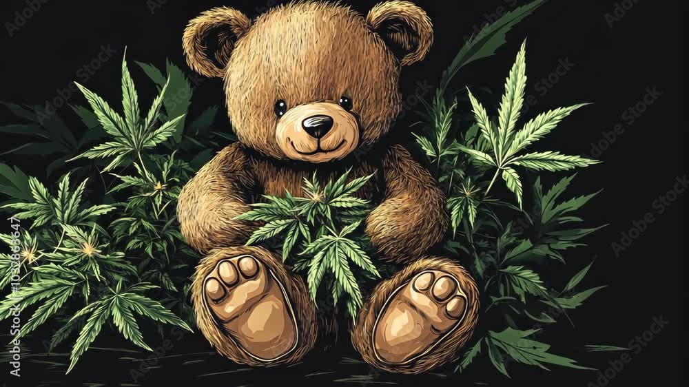 A brown teddy bear sits happily amidst a patch of green marijuana plants A brown teddy bear sits happily amidst a patch of green marijuana plants